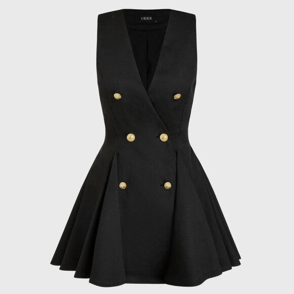 NWT CIDER V-Neck Gold Tone Button Ruffle Hem Black Mini Dress – L - Picture 2 of 12